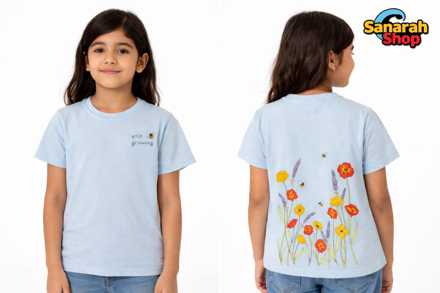 Still Growing T-Shirt Sky Blue – Bee & Bloom Design (Front & Back Print) - Sanarah Accessories