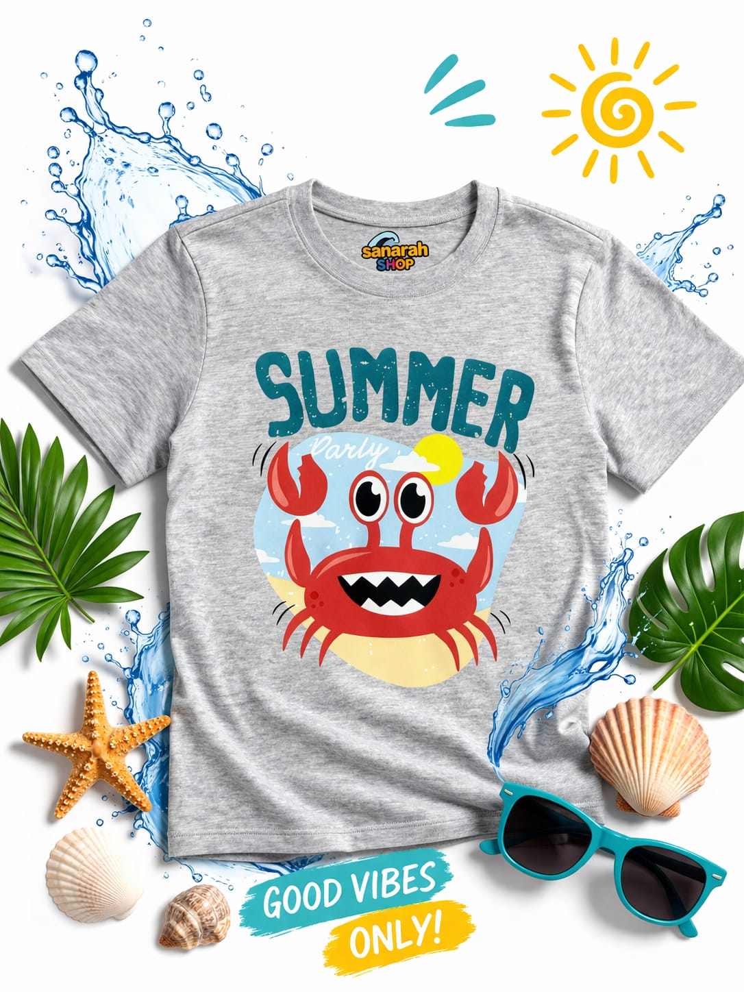 Grey Summer Party T-Shirt – Cute Crab Print - Sanarah Accessories