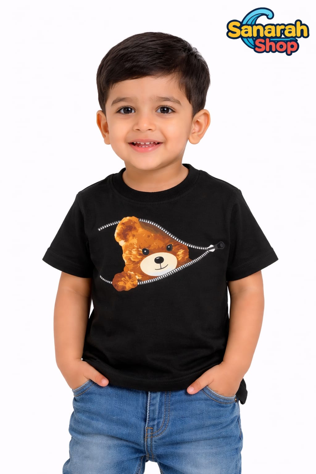Baby Bear in Zipper Black T-Shirt - Sanarah Accessories