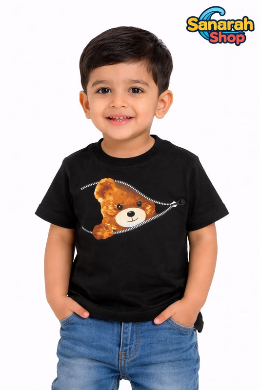 Baby Bear in Zipper Black T-Shirt - Sanarah Accessories